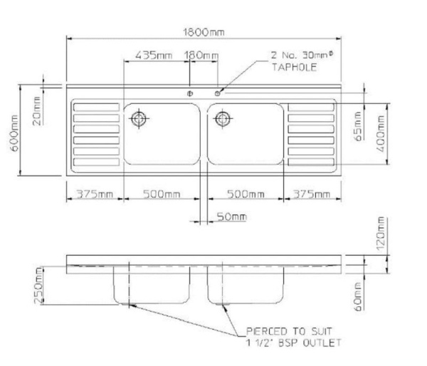 Pland 180 cm Double Bowl/Double Drainer Catering Sink